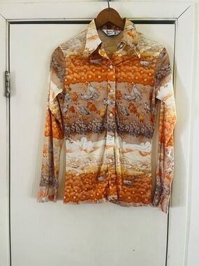 VTG 1970s Retro Bird Nature Bohemian Hippie Woodstock Button Front Blouse Xs